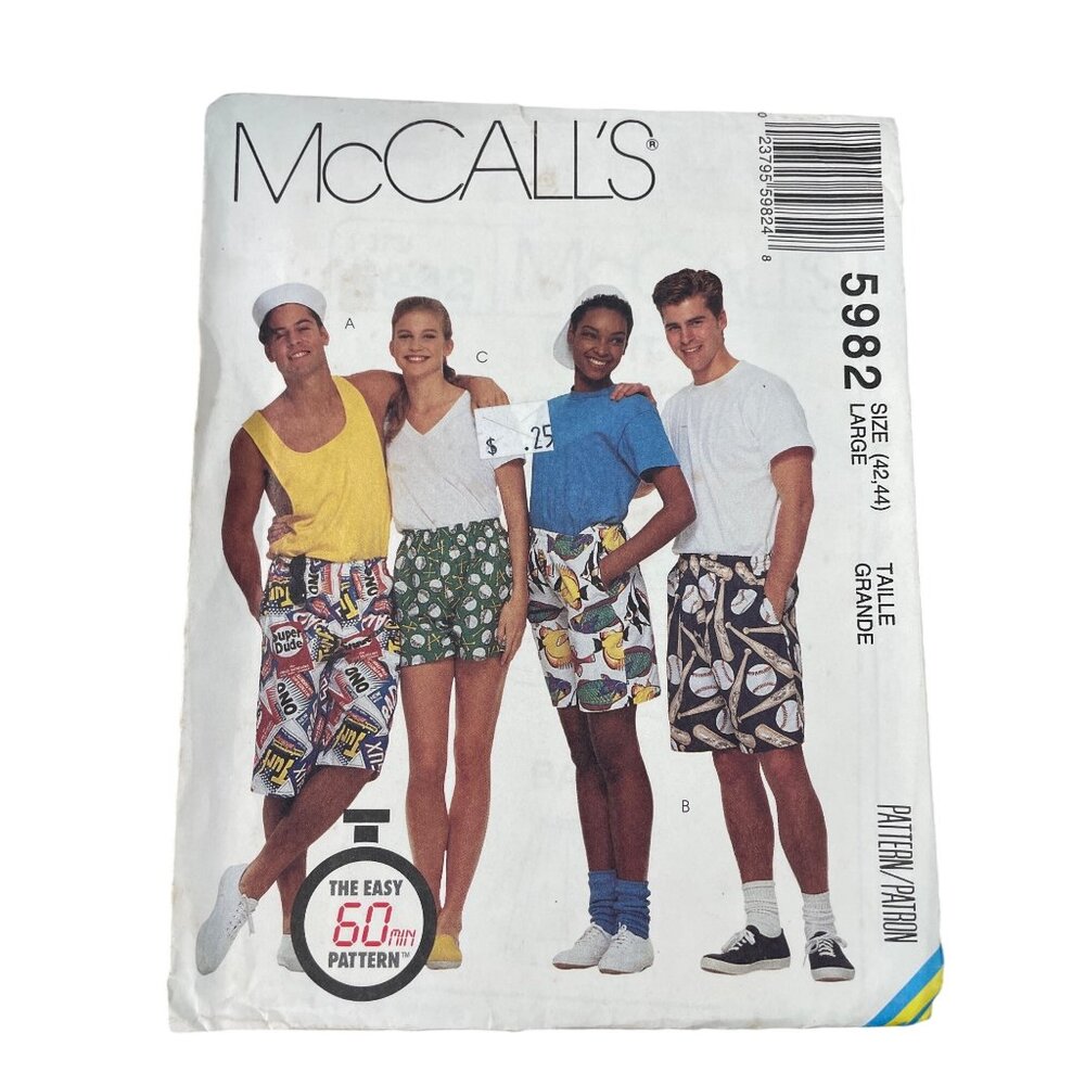 90s McCalls Sewing Pattern Size Large 5982 Easy Boxer Shorts Vintage 1992 UNCUT